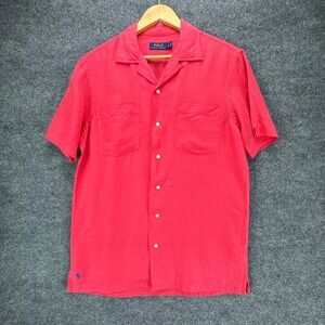 Polo Ralph Lauren Camp Collar Shirt Mens Small Red Linen Silk Blend Relaxed